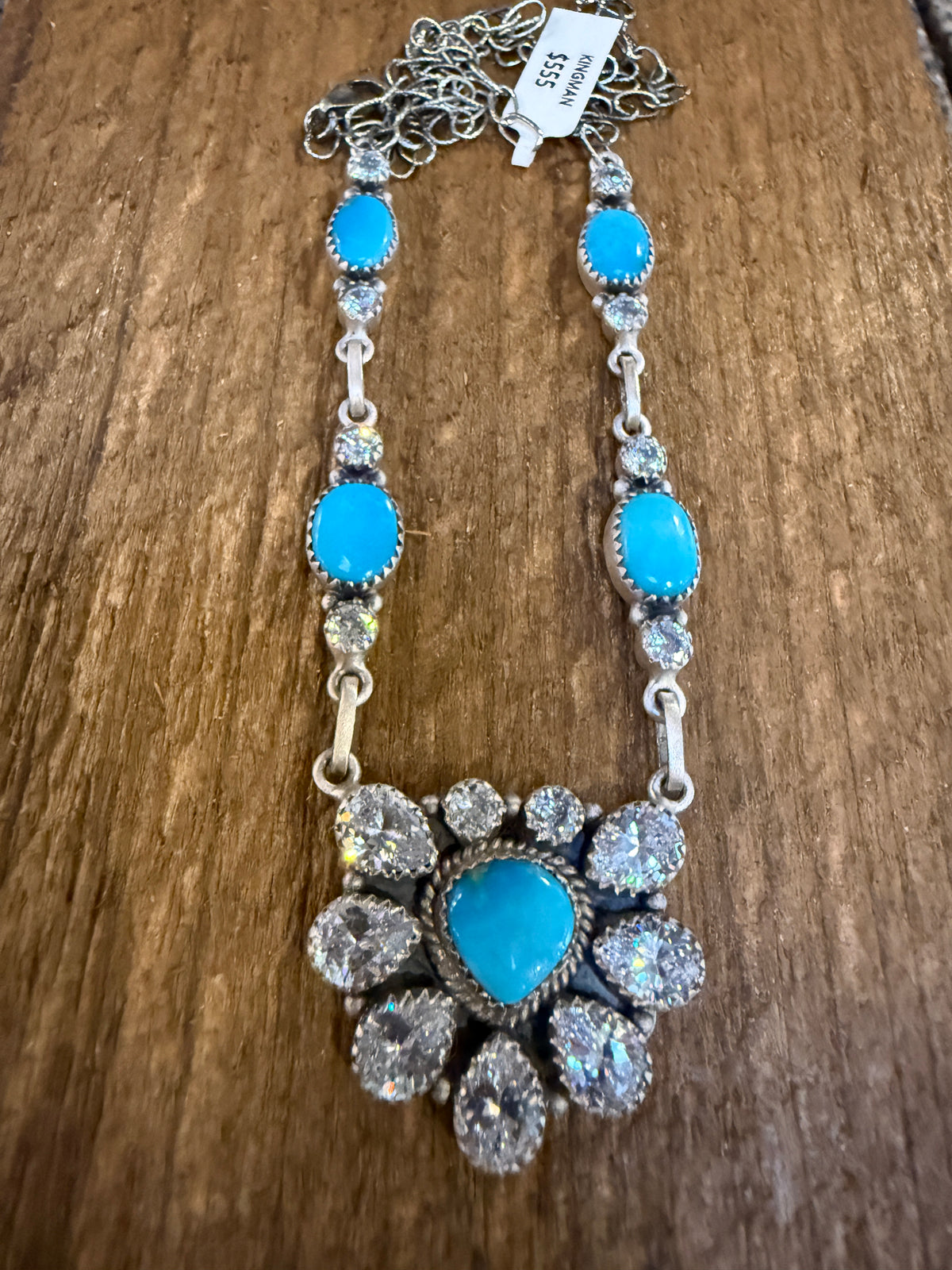 Kingman Turquoise Gemstone and Cubic Zirconia Lariat Necklace in Sterling Silver 20 Inches