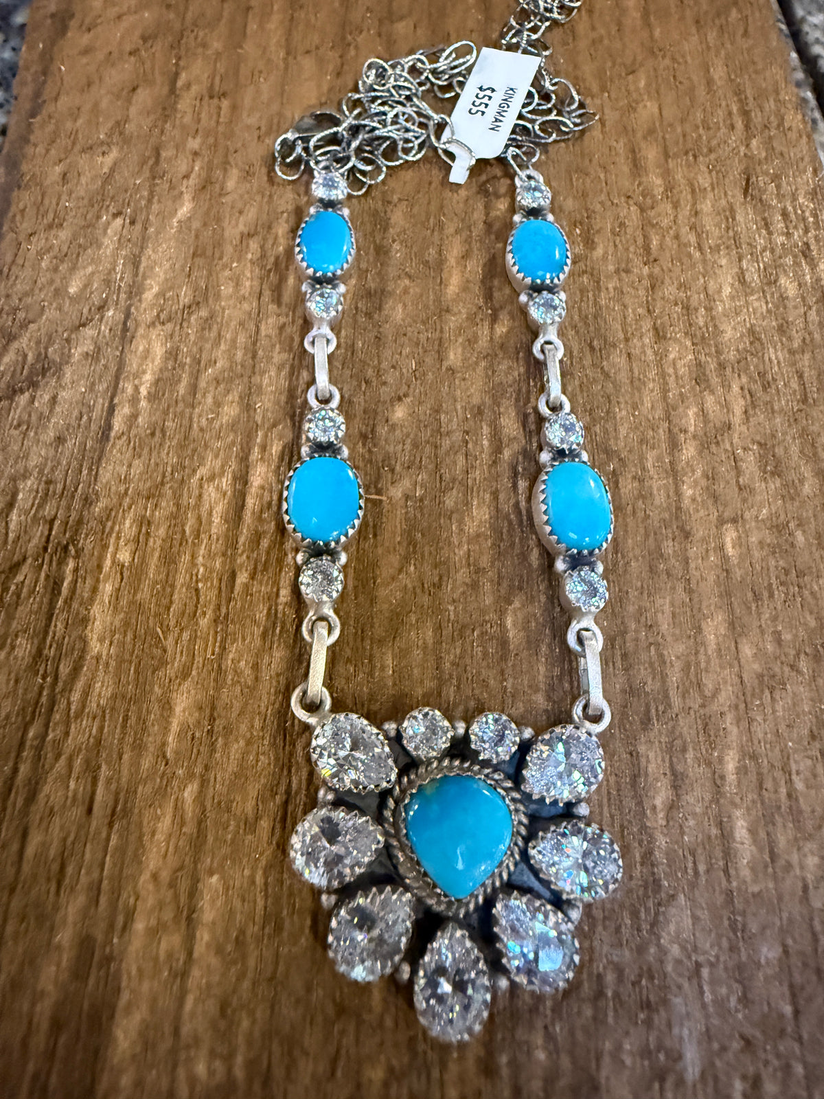 Kingman Turquoise Gemstone and Cubic Zirconia Lariat Necklace in Sterling Silver 20 Inches