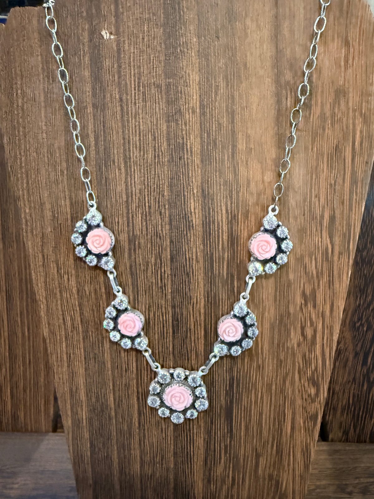 Queen Pink Conch Gemstone and Clear Cubic Zirconia Lariat Necklace in Sterling Silver 20 Inch