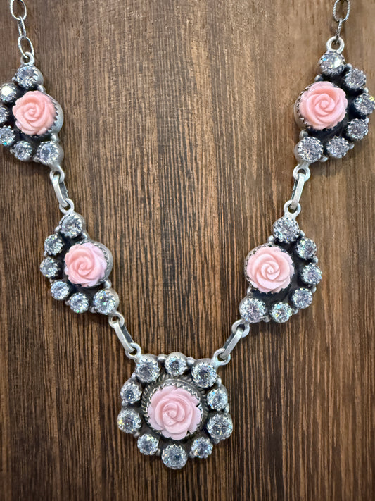 Queen Pink Conch Gemstone and Clear Cubic Zirconia Lariat Necklace in Sterling Silver 20 Inch