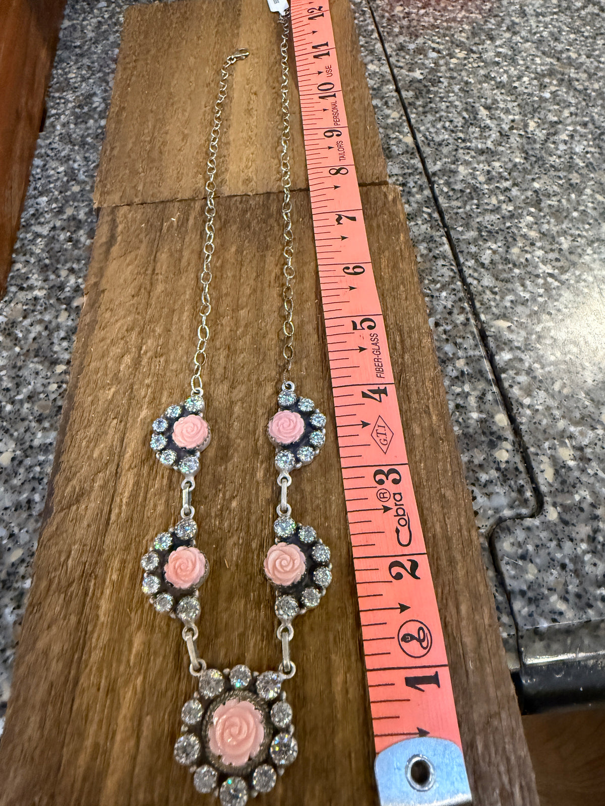 Queen Pink Conch Gemstone and Clear Cubic Zirconia Lariat Necklace in Sterling Silver 20 Inch
