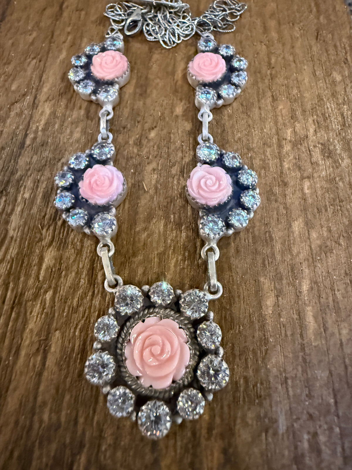 Queen Pink Conch Gemstone and Clear Cubic Zirconia Lariat Necklace in Sterling Silver 20 Inch