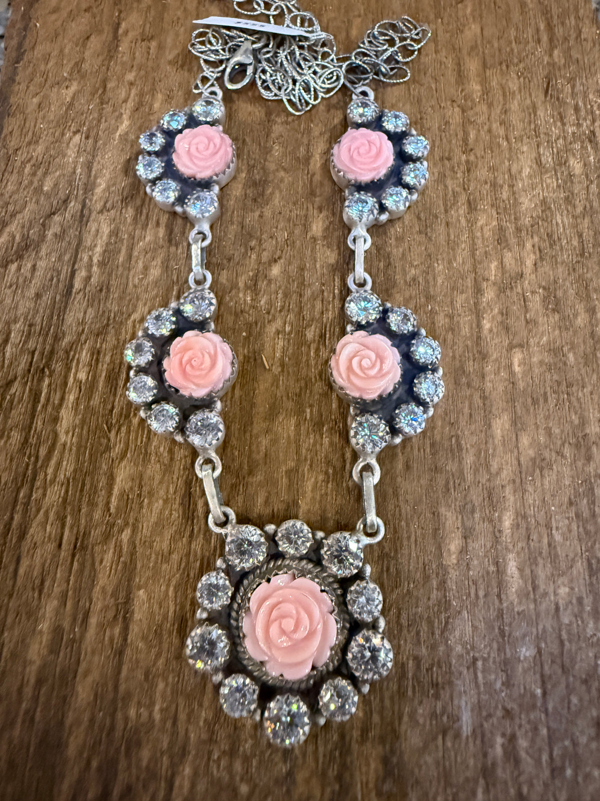 Queen Pink Conch Gemstone and Clear Cubic Zirconia Lariat Necklace in Sterling Silver 20 Inch