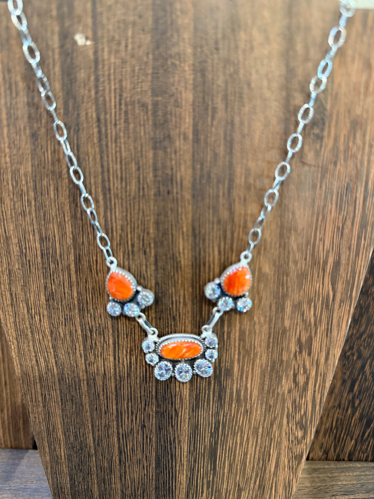 Orange Spiny Turquoise  and Cubic Zirconia Lariat or Choker Necklace in Sterling Silver 20 Inch Adjustable