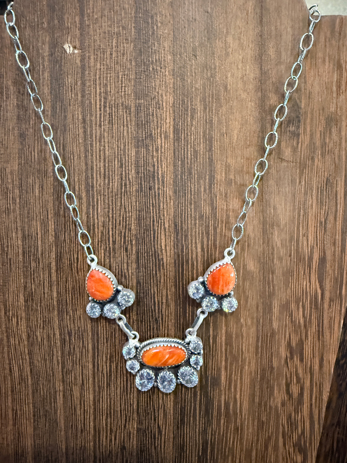 Orange Spiny Turquoise  and Cubic Zirconia Lariat or Choker Necklace in Sterling Silver 20 Inch Adjustable