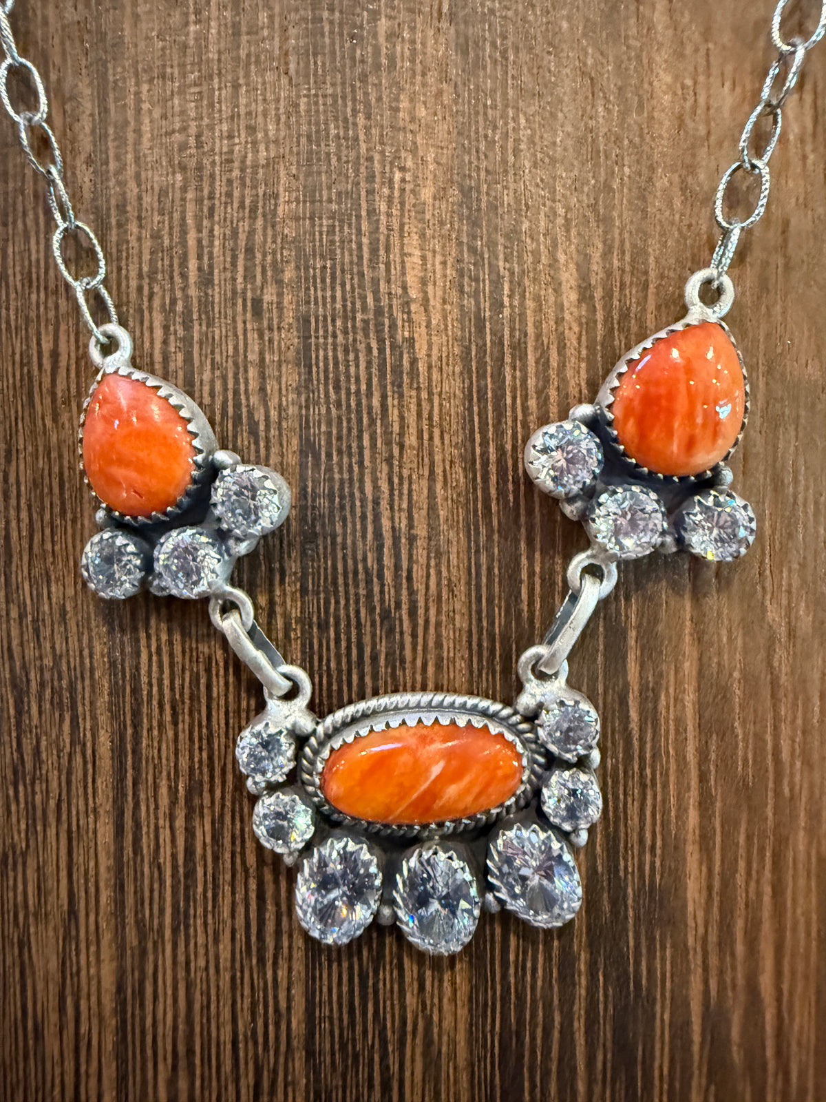 Orange Spiny Turquoise  and Cubic Zirconia Lariat or Choker Necklace in Sterling Silver 20 Inch Adjustable
