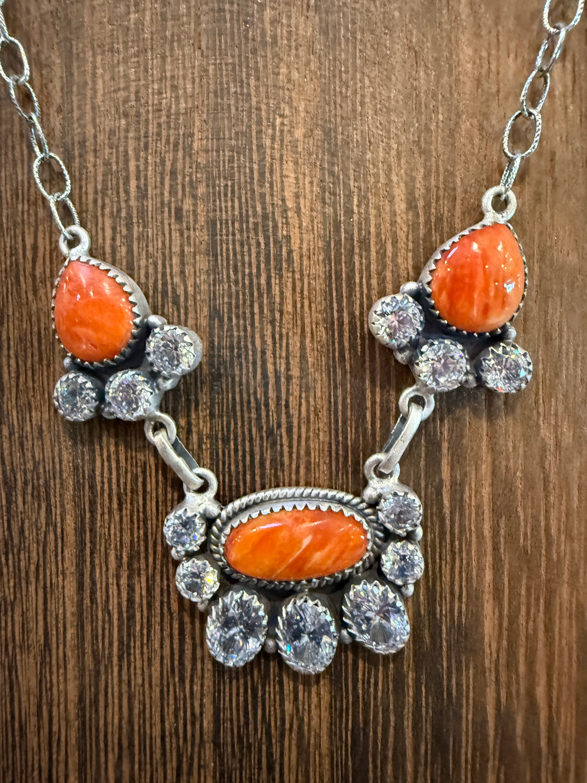 Orange Spiny Turquoise  and Cubic Zirconia Lariat or Choker Necklace in Sterling Silver 20 Inch Adjustable