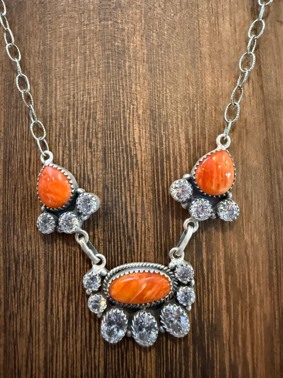 Orange Spiny Turquoise  and Cubic Zirconia Lariat or Choker Necklace in Sterling Silver 20 Inch Adjustable