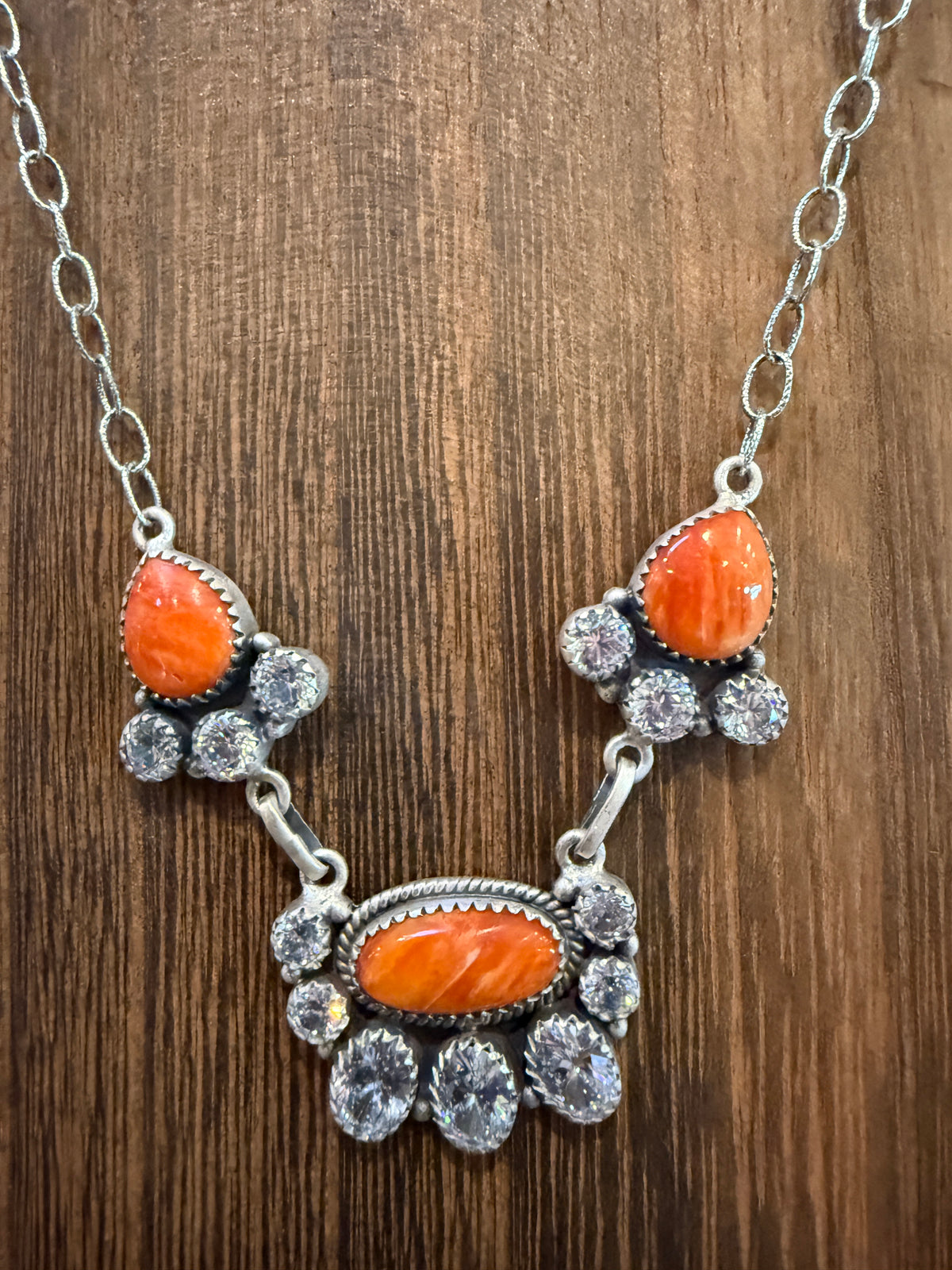 Orange Spiny Turquoise  and Cubic Zirconia Lariat or Choker Necklace in Sterling Silver 20 Inch Adjustable