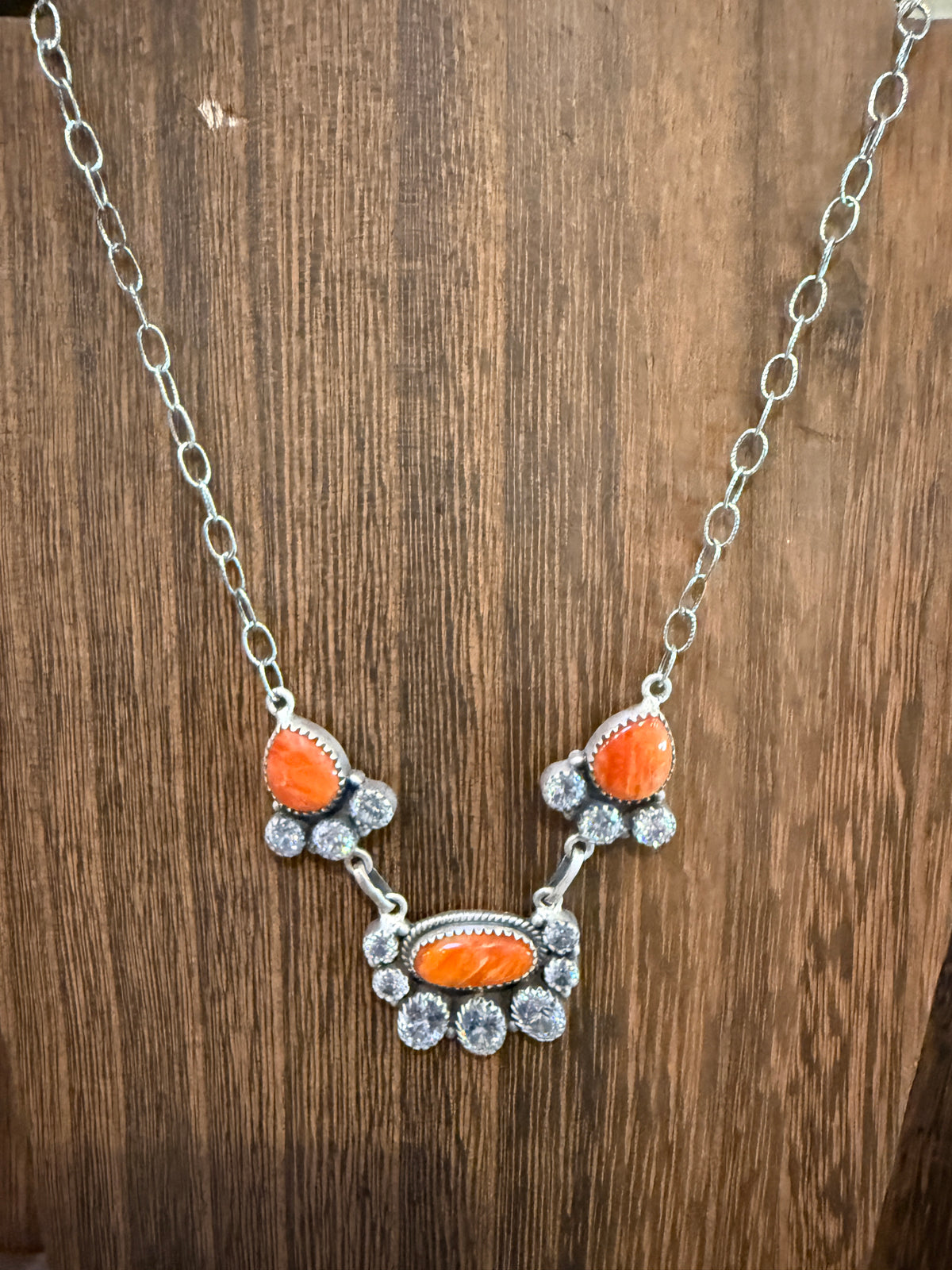 Orange Spiny Turquoise  and Cubic Zirconia Lariat or Choker Necklace in Sterling Silver 20 Inch Adjustable