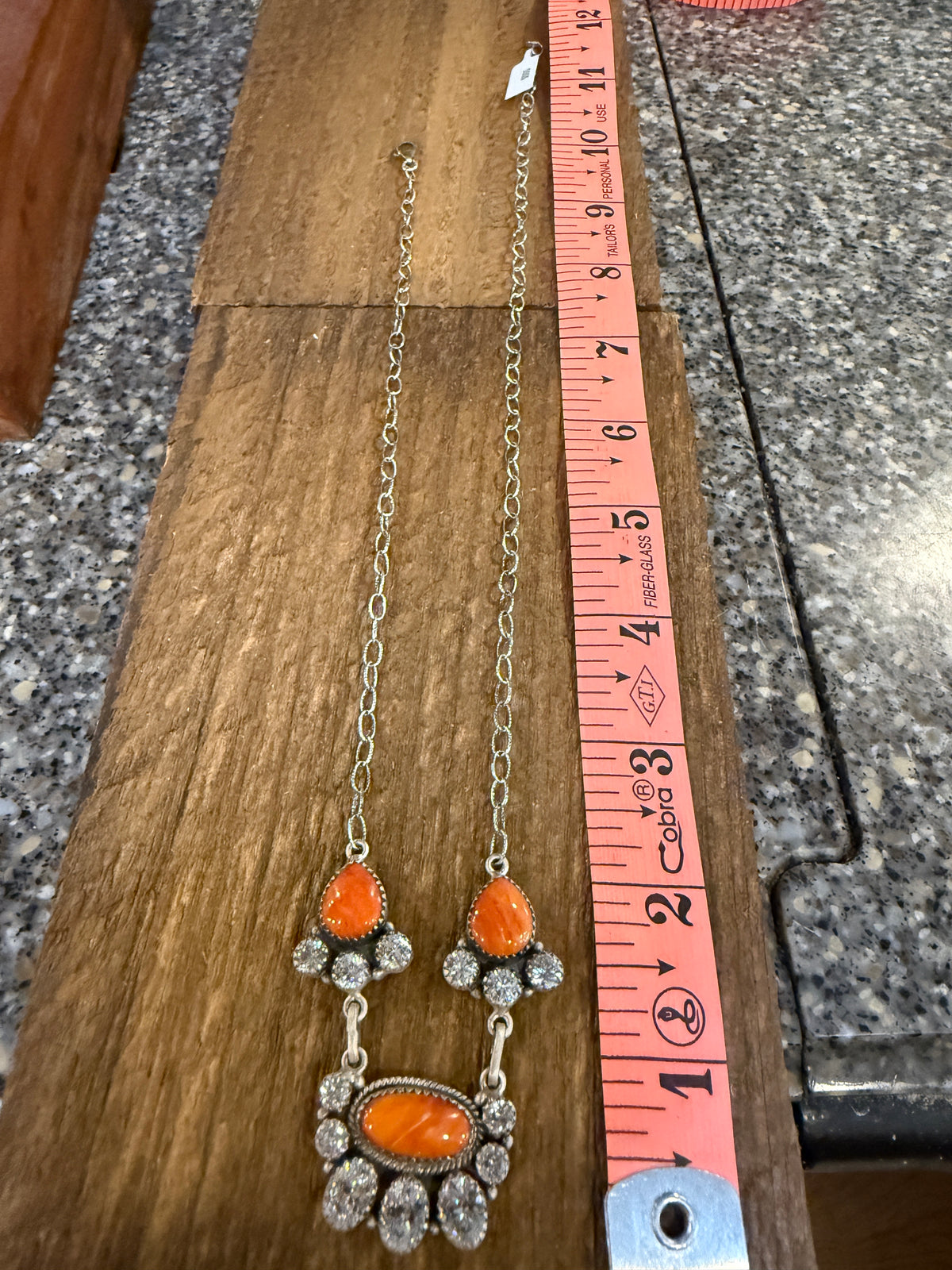 Orange Spiny Turquoise  and Cubic Zirconia Lariat or Choker Necklace in Sterling Silver 20 Inch Adjustable
