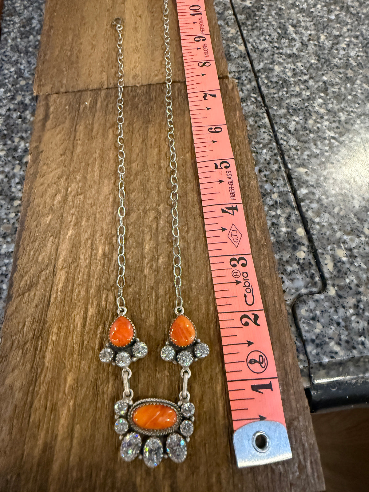 Orange Spiny Turquoise  and Cubic Zirconia Lariat or Choker Necklace in Sterling Silver 20 Inch Adjustable