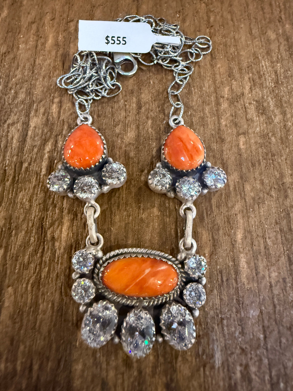 Orange Spiny Turquoise  and Cubic Zirconia Lariat or Choker Necklace in Sterling Silver 20 Inch Adjustable