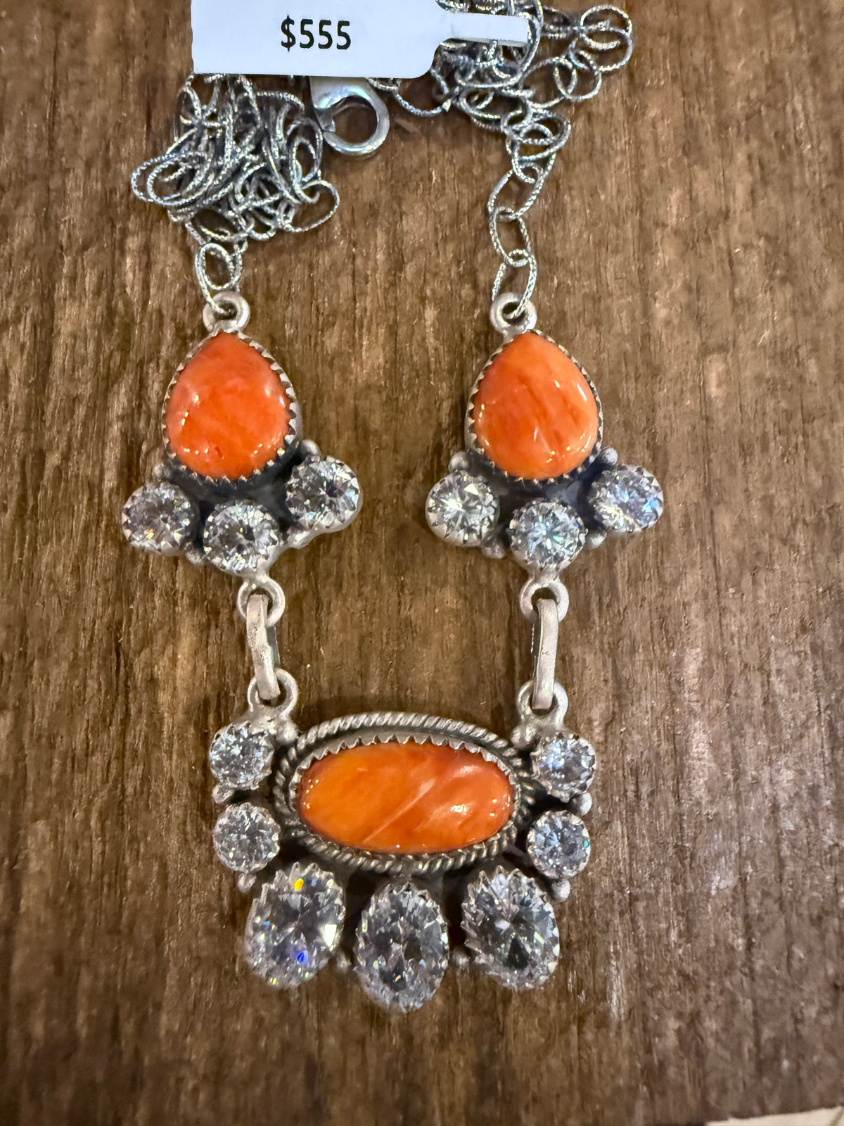 Orange Spiny Turquoise  and Cubic Zirconia Lariat or Choker Necklace in Sterling Silver 20 Inch Adjustable
