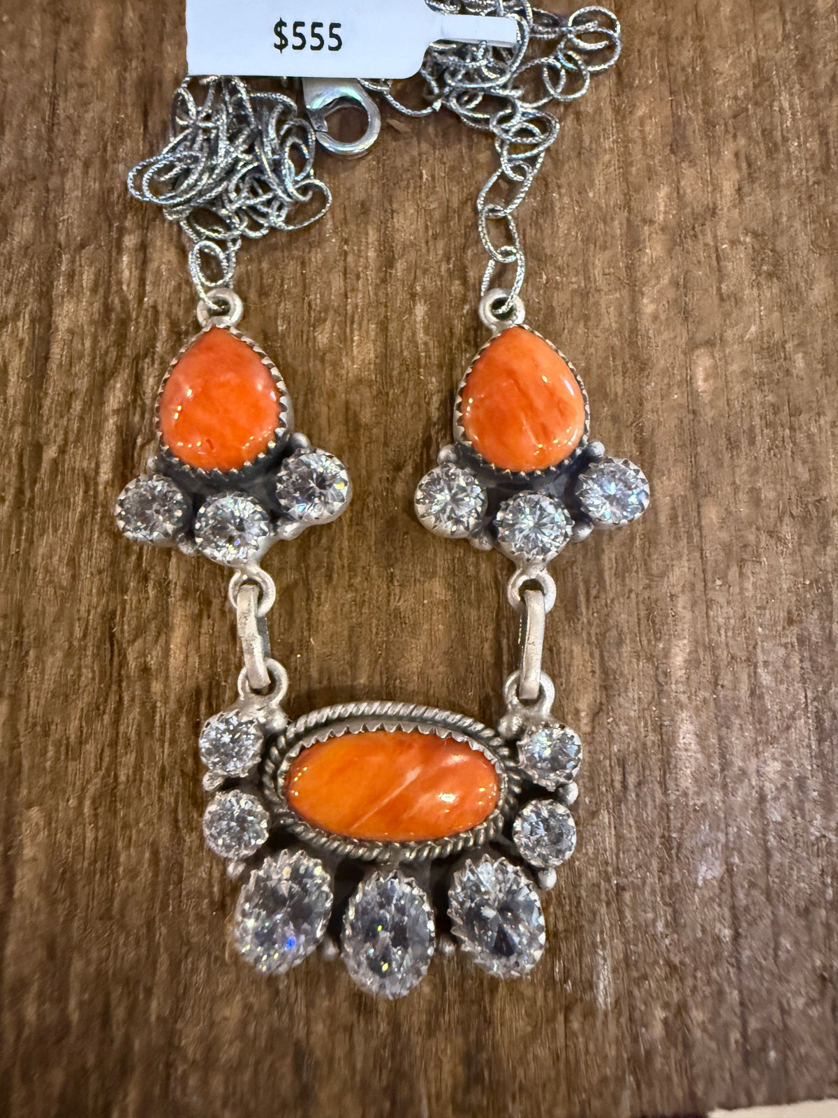 Orange Spiny Turquoise  and Cubic Zirconia Lariat or Choker Necklace in Sterling Silver 20 Inch Adjustable