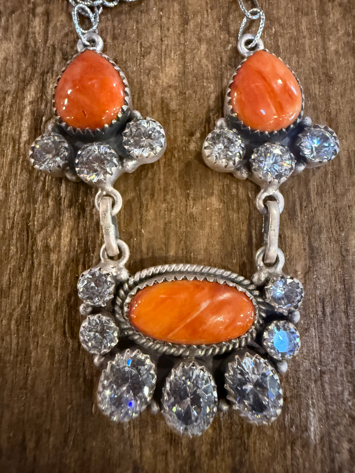 Orange Spiny Turquoise  and Cubic Zirconia Lariat or Choker Necklace in Sterling Silver 20 Inch Adjustable