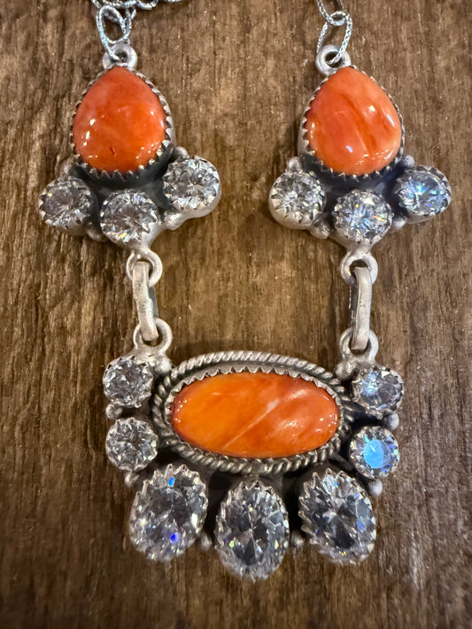 Orange Spiny Turquoise  and Cubic Zirconia Lariat or Choker Necklace in Sterling Silver 20 Inch Adjustable