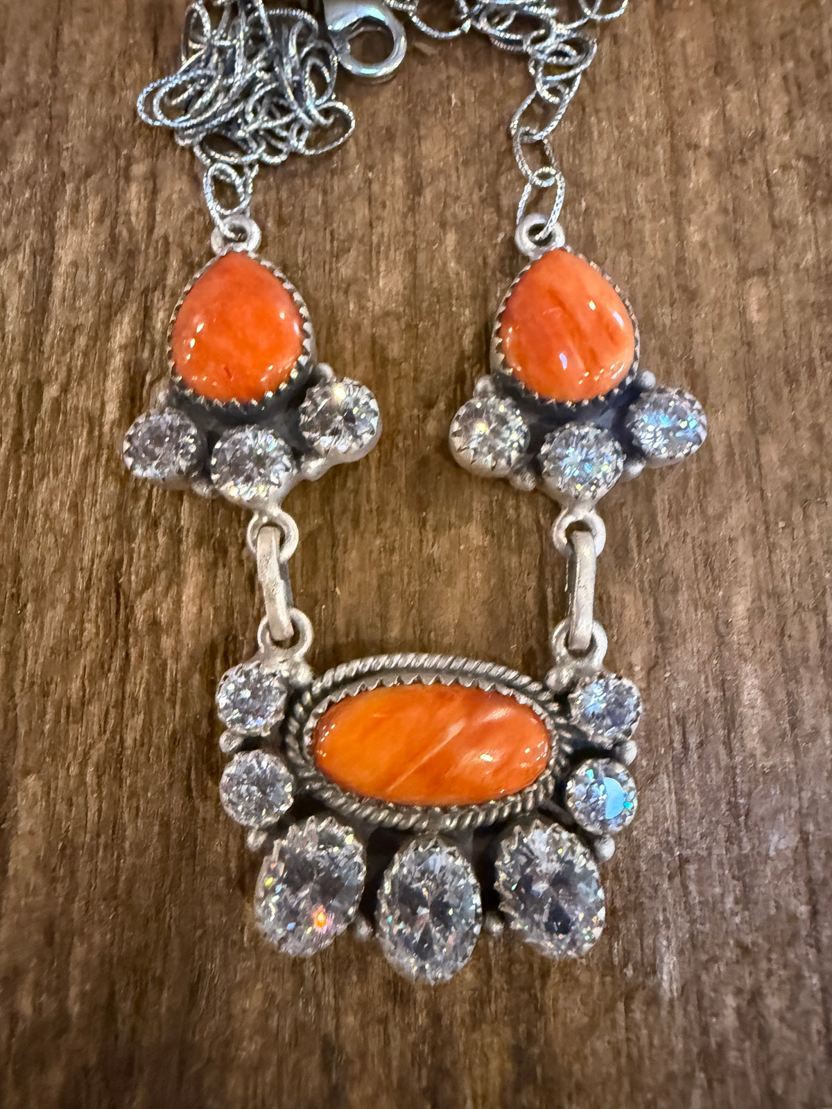 Orange Spiny Turquoise  and Cubic Zirconia Lariat or Choker Necklace in Sterling Silver 20 Inch Adjustable