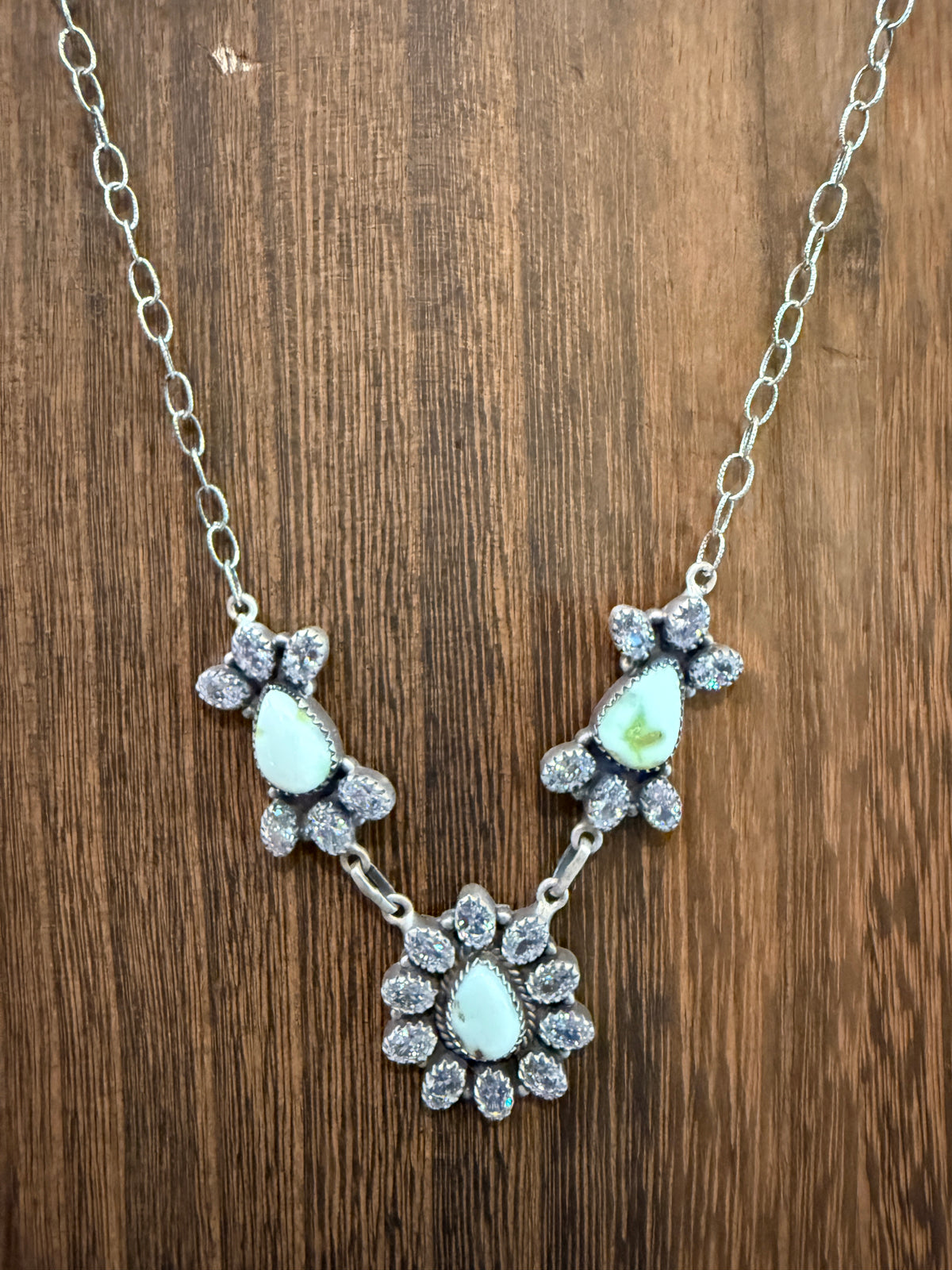 Palomino Turquoise Gemstone and Cubic Zirconia Lariat or Choker Necklace in Sterling Silver 20 Inch Adjustable