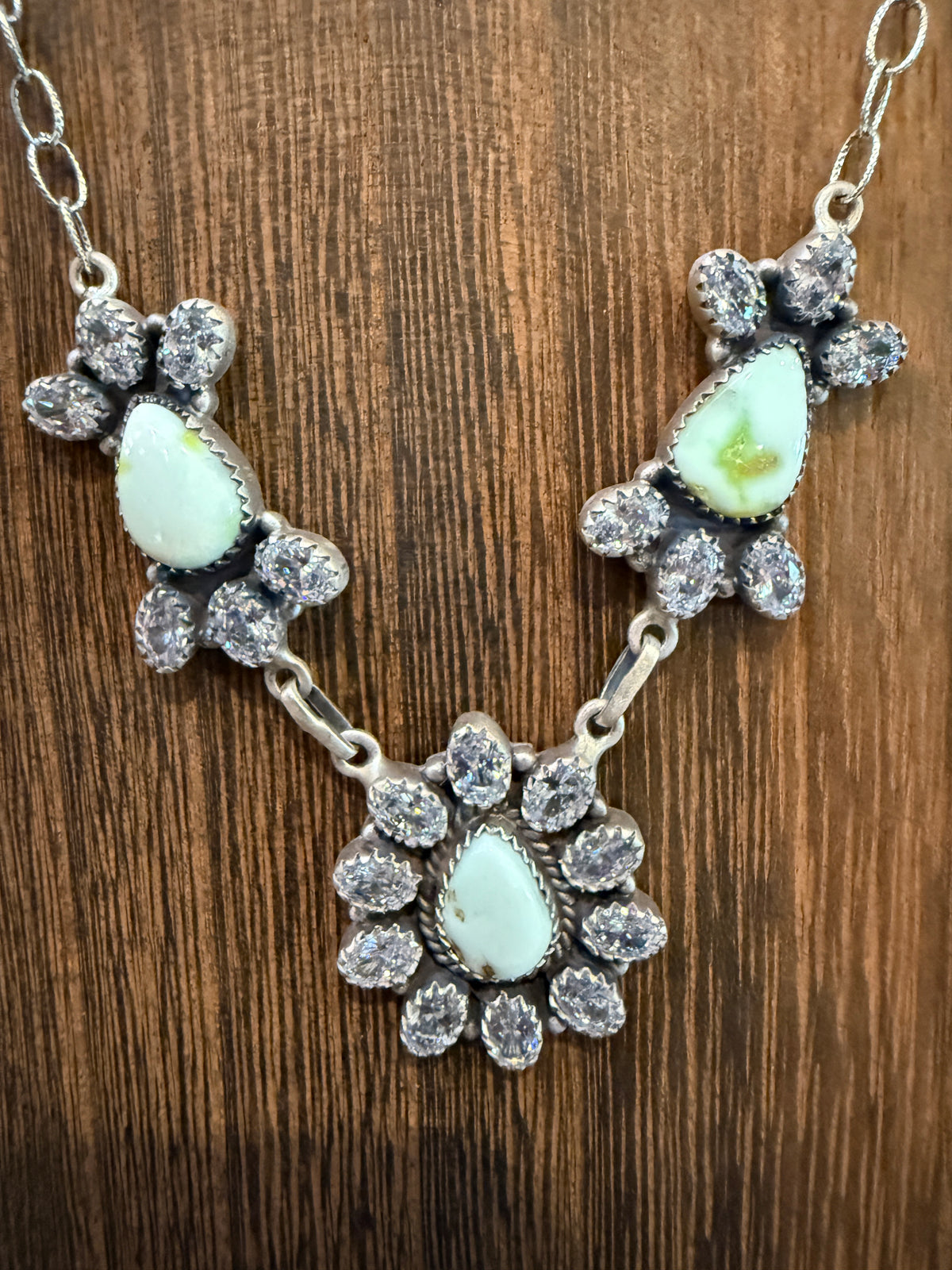 Palomino Turquoise Gemstone and Cubic Zirconia Lariat or Choker Necklace in Sterling Silver 20 Inch Adjustable