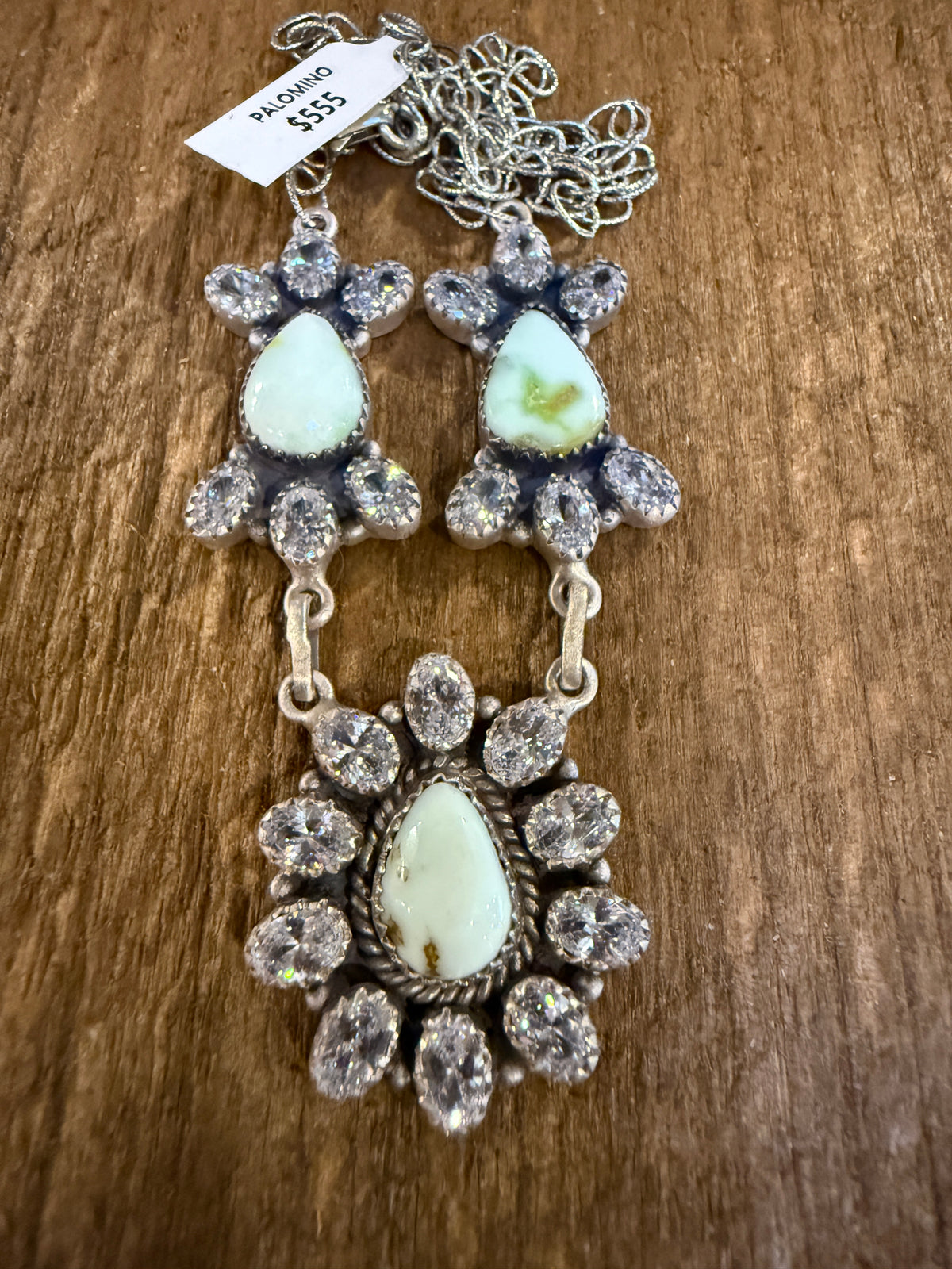 Palomino Turquoise Gemstone and Cubic Zirconia Lariat or Choker Necklace in Sterling Silver 20 Inch Adjustable