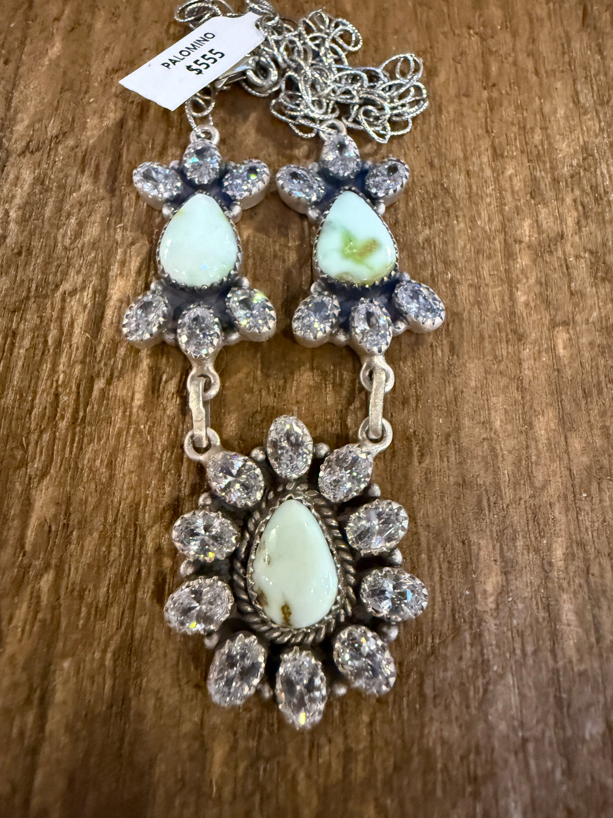 Palomino Turquoise Gemstone and Cubic Zirconia Lariat or Choker Necklace in Sterling Silver 20 Inch Adjustable