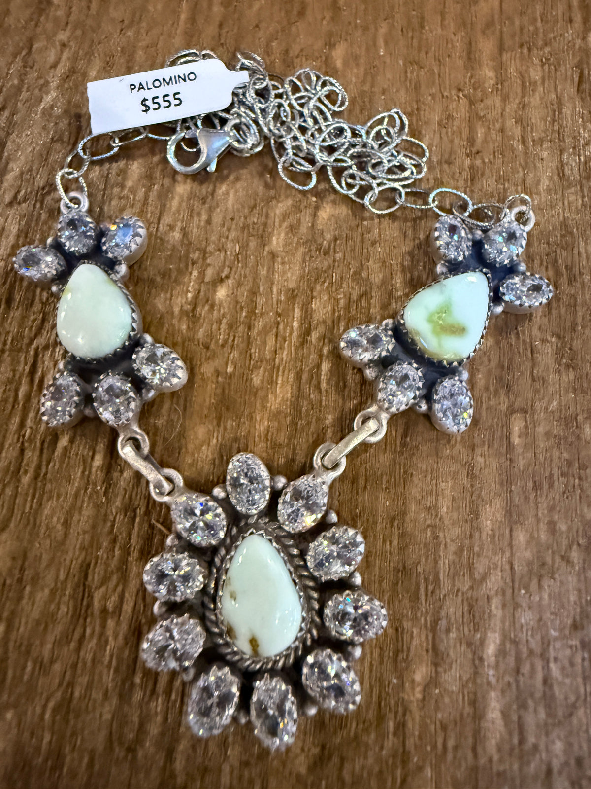 Palomino Turquoise Gemstone and Cubic Zirconia Lariat or Choker Necklace in Sterling Silver 20 Inch Adjustable
