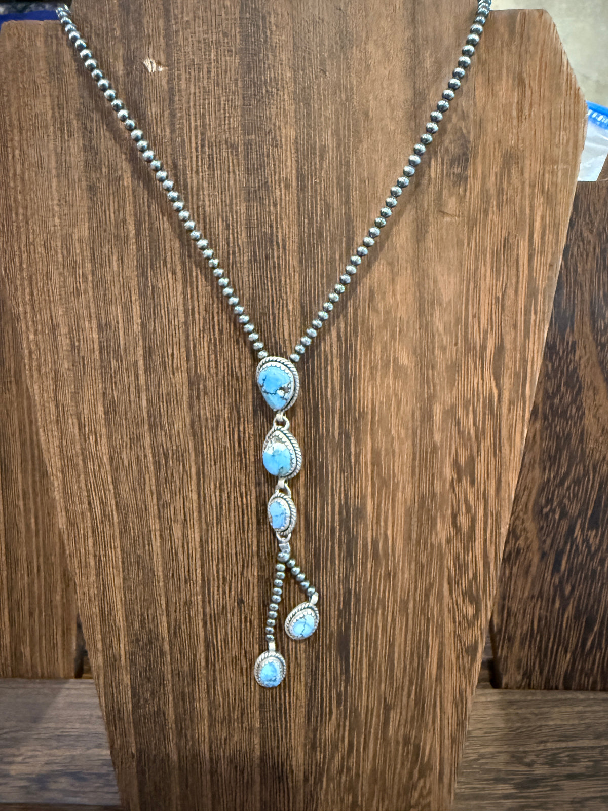 Golden Hills Turquoise Gemstone and 3mm Desert Pearls Necklace in Sterling Silver 16 Inch