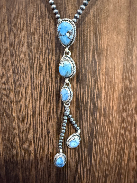 Golden Hills Turquoise Gemstone and 3mm Desert Pearls Necklace in Sterling Silver 16 Inch