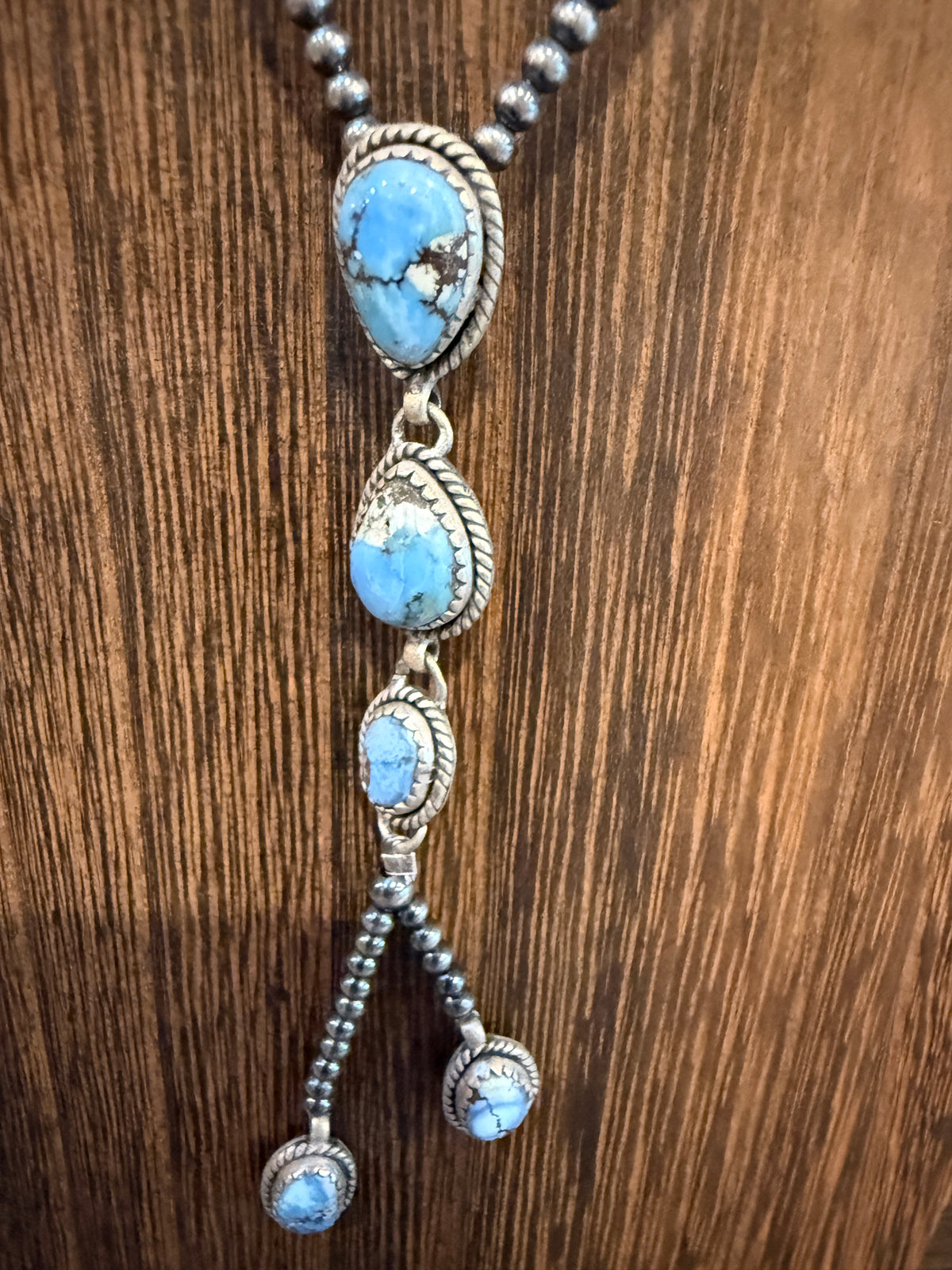 Golden Hills Turquoise Gemstone and 3mm Desert Pearls Necklace in Sterling Silver 16 Inch