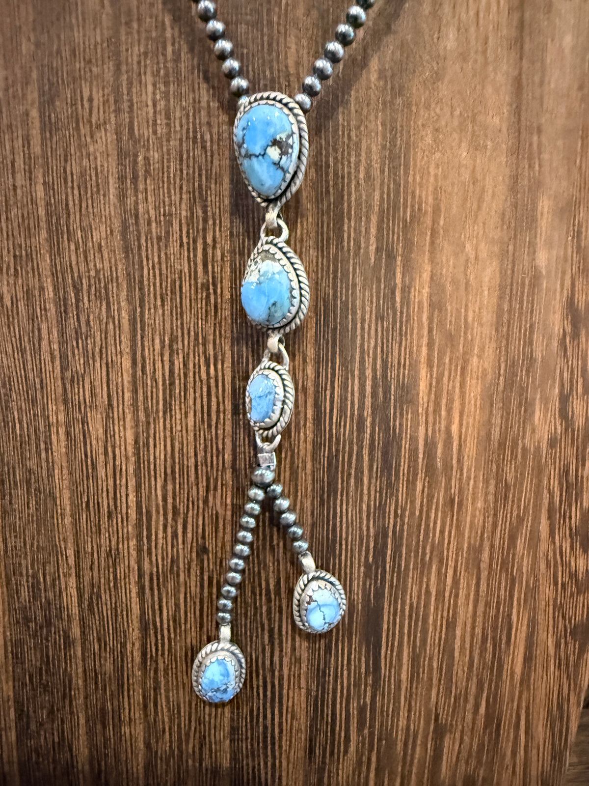 Golden Hills Turquoise Gemstone and 3mm Desert Pearls Necklace in Sterling Silver 16 Inch