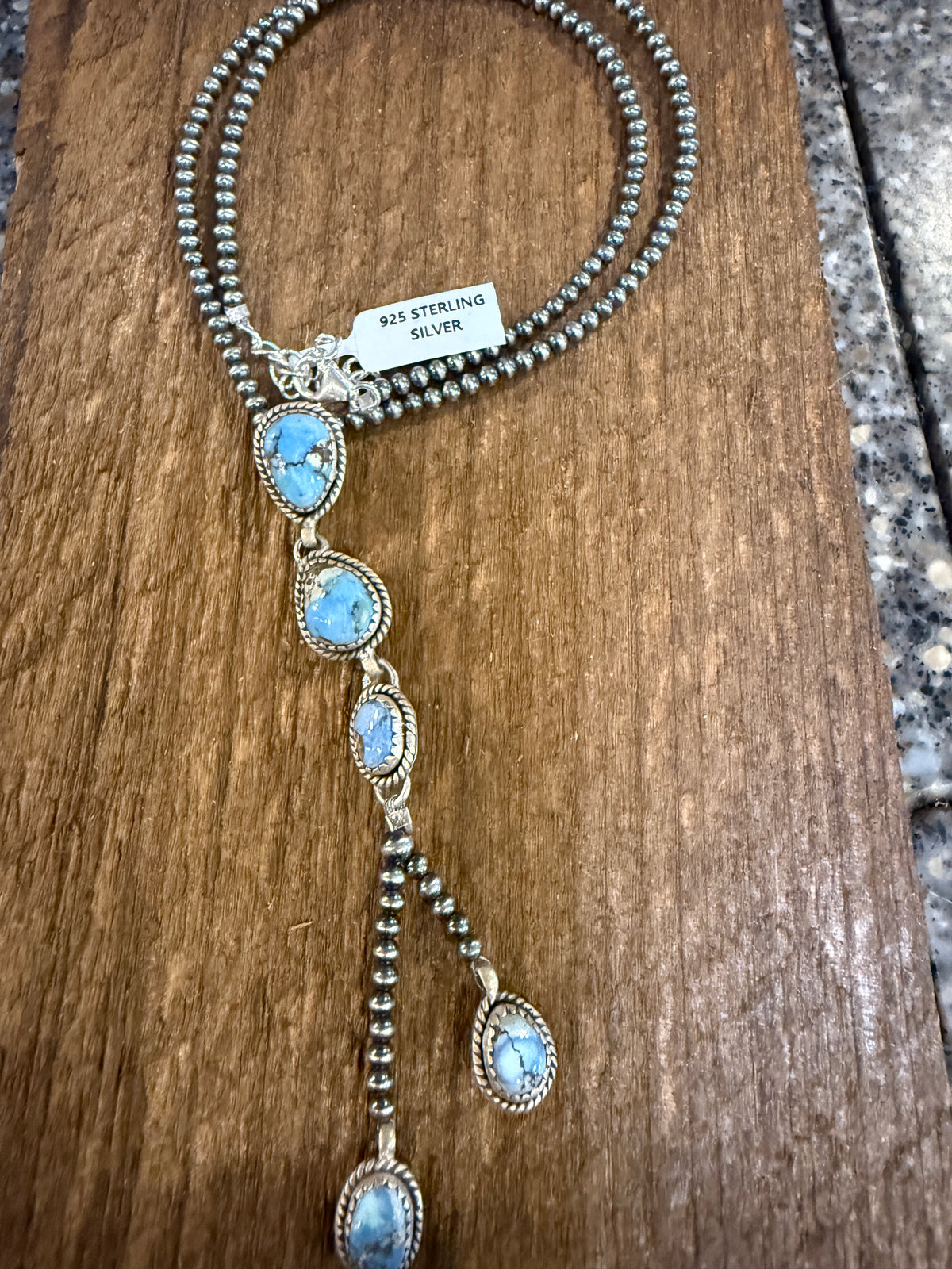 Golden Hills Turquoise Gemstone and 3mm Desert Pearls Necklace in Sterling Silver 16 Inch
