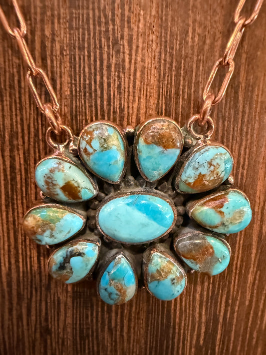 Mohave Turquoise Gemstone Cluster Paper Clip Chain Necklace in Genuine Copper 20 Inch
