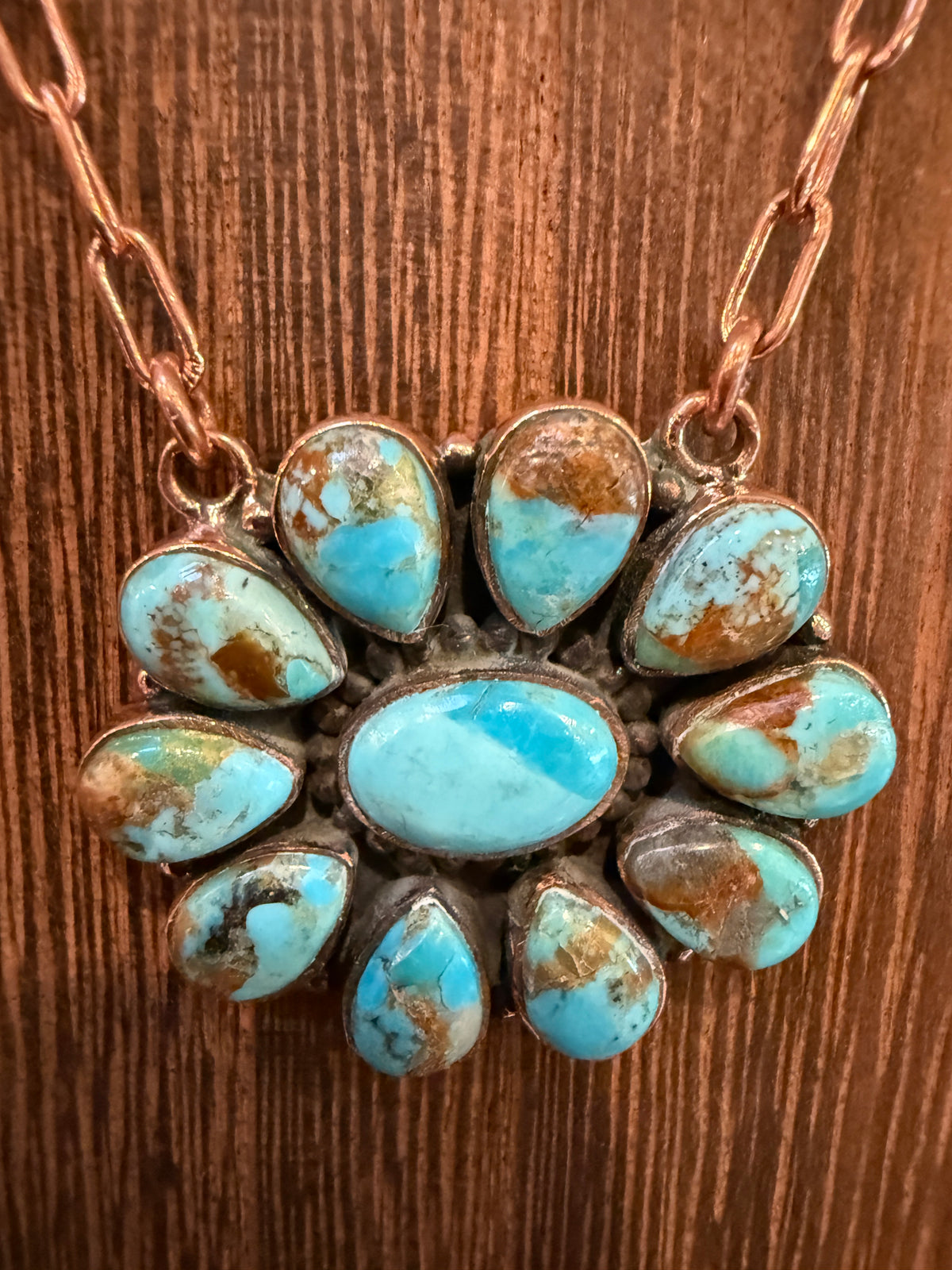 Mohave Turquoise Gemstone Cluster Paper Clip Chain Necklace in Genuine Copper 20 Inch