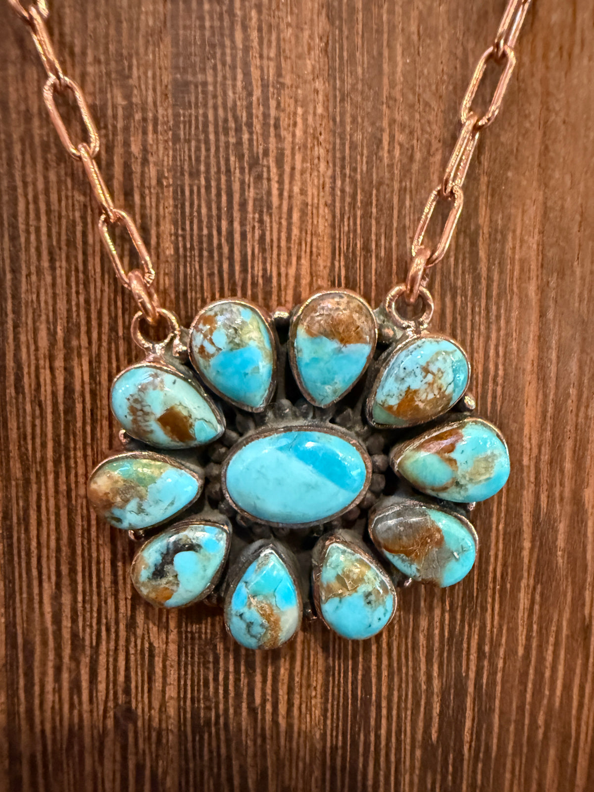 Mohave Turquoise Gemstone Cluster Paper Clip Chain Necklace in Genuine Copper 20 Inch