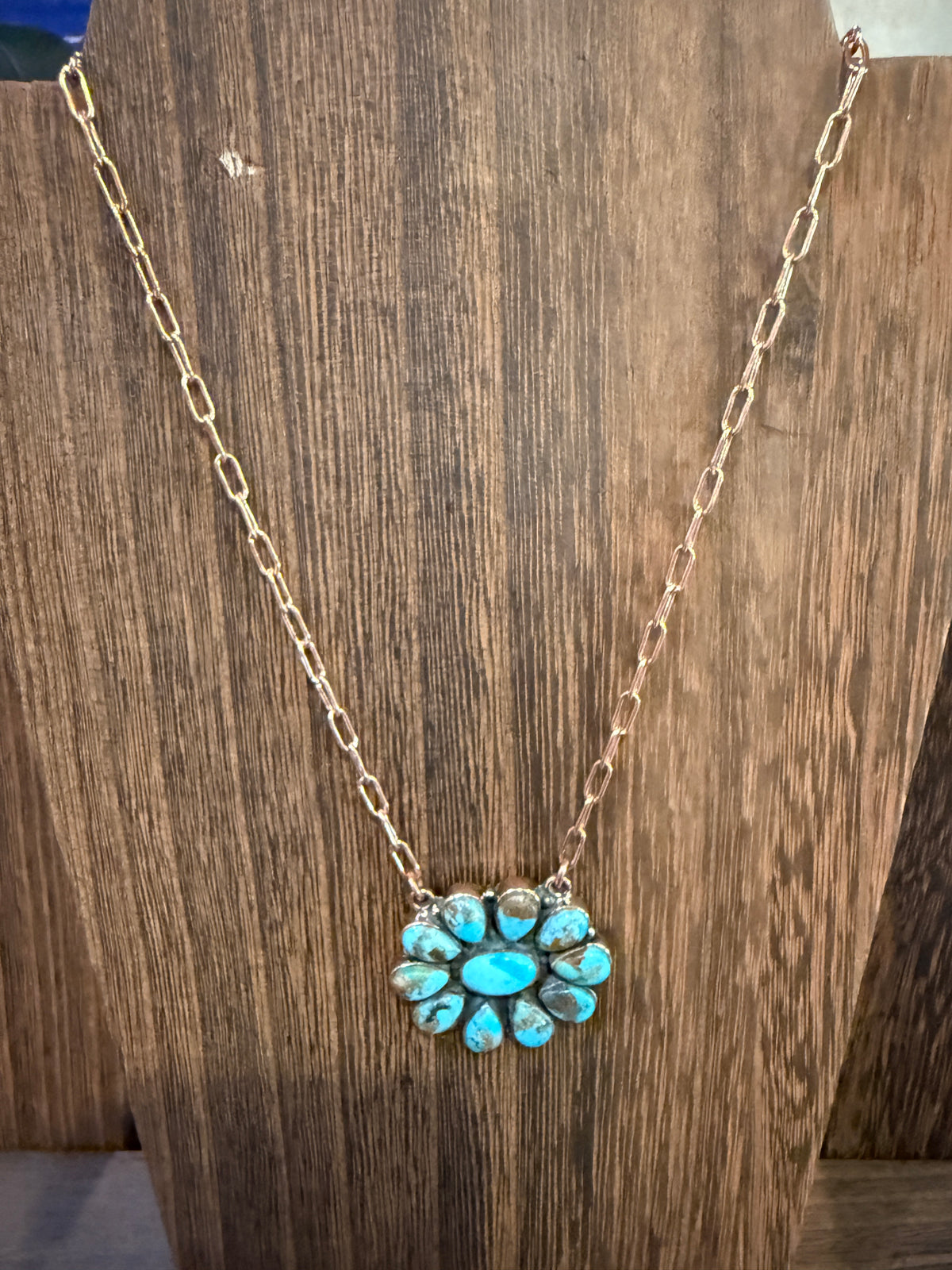 Mohave Turquoise Gemstone Cluster Paper Clip Chain Necklace in Genuine Copper 20 Inch