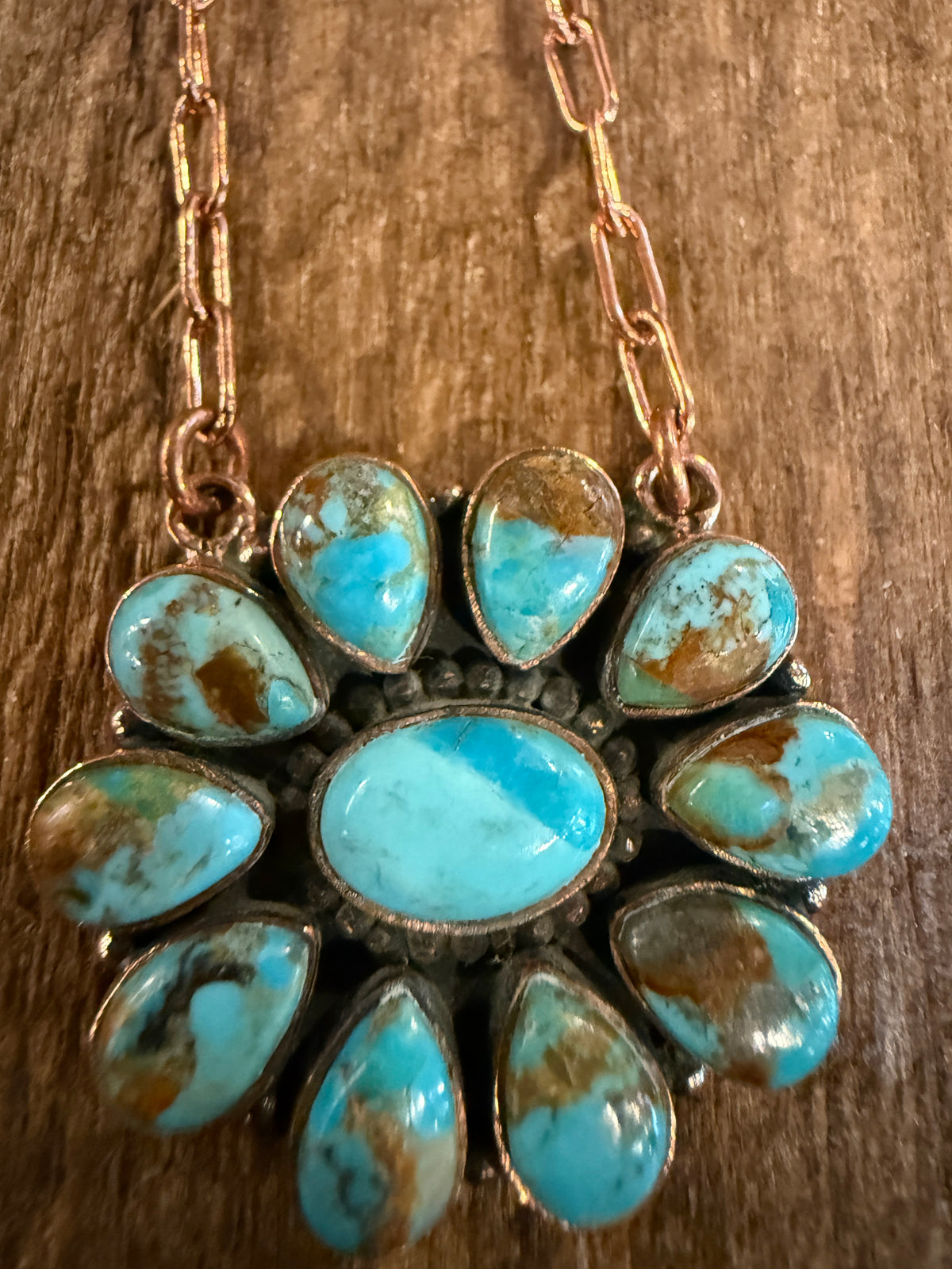 Mohave Turquoise Gemstone Cluster Paper Clip Chain Necklace in Genuine Copper 20 Inch