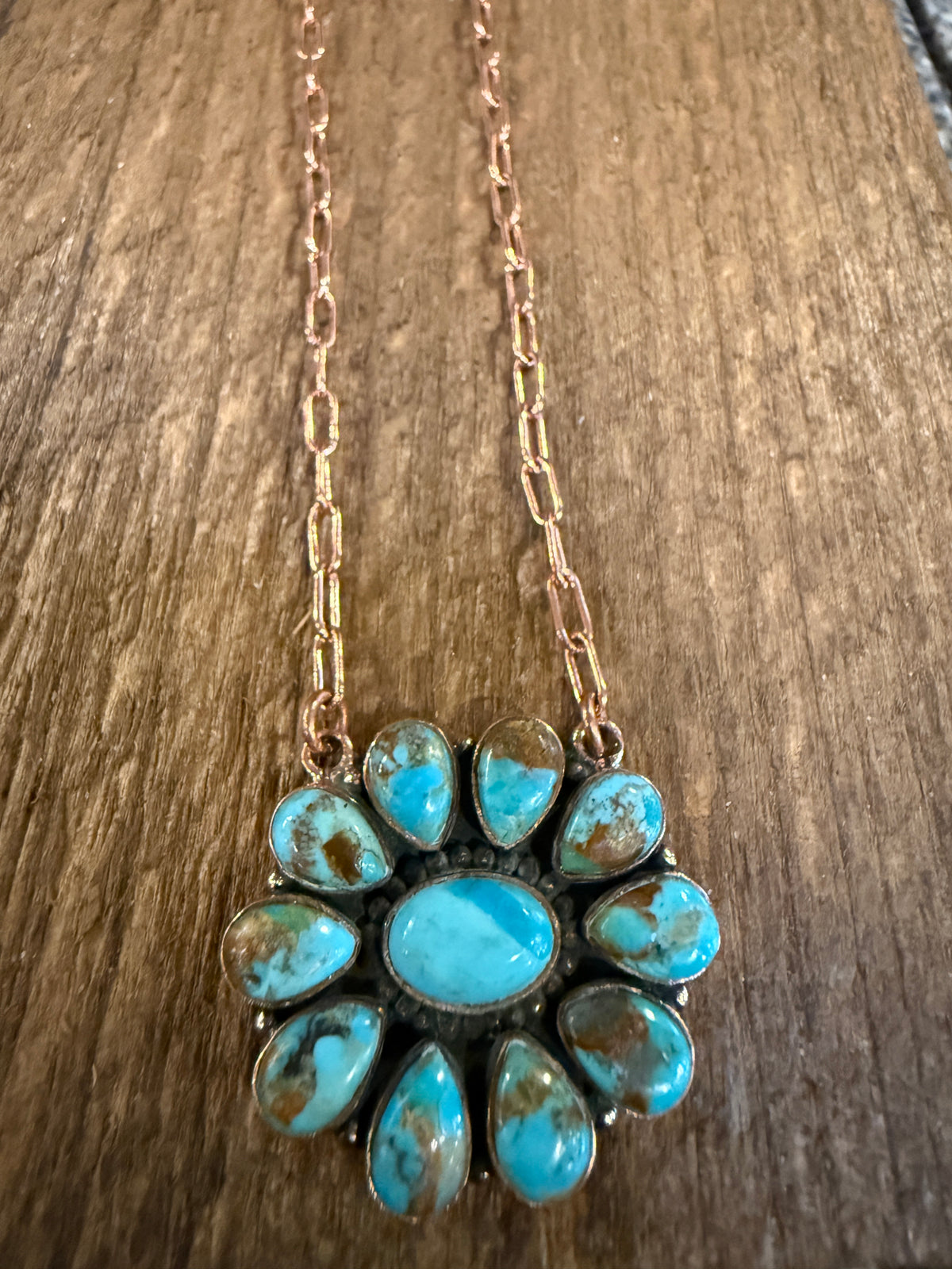 Mohave Turquoise Gemstone Cluster Paper Clip Chain Necklace in Genuine Copper 20 Inch