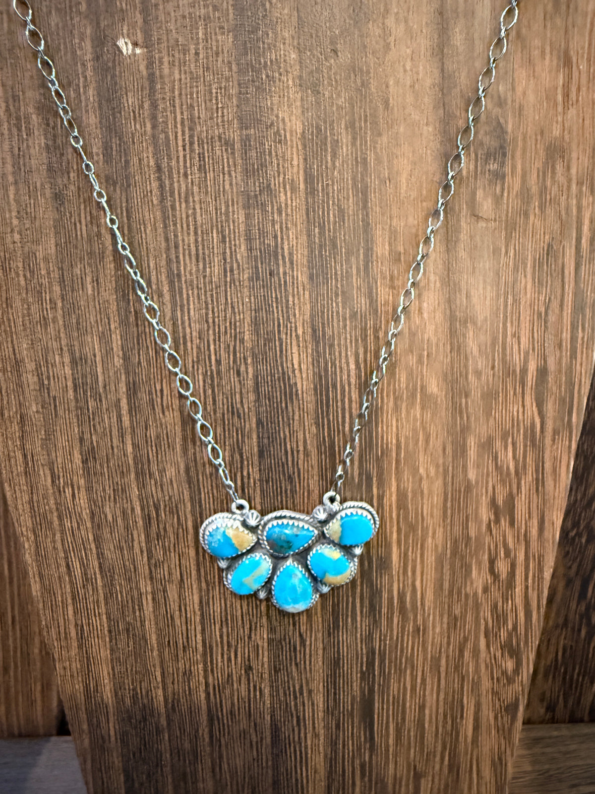 Kingman Turquoise Gemstone Half Cluster 20 Inch Necklace In Sterling Silver