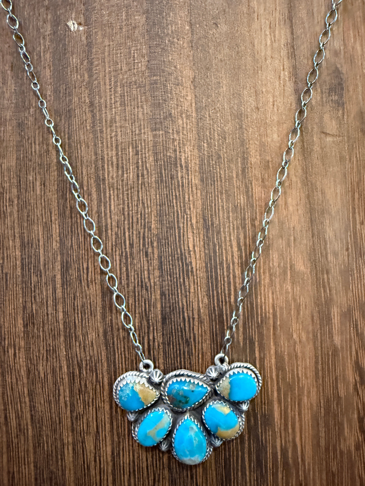 Kingman Turquoise Gemstone Half Cluster 20 Inch Necklace In Sterling Silver