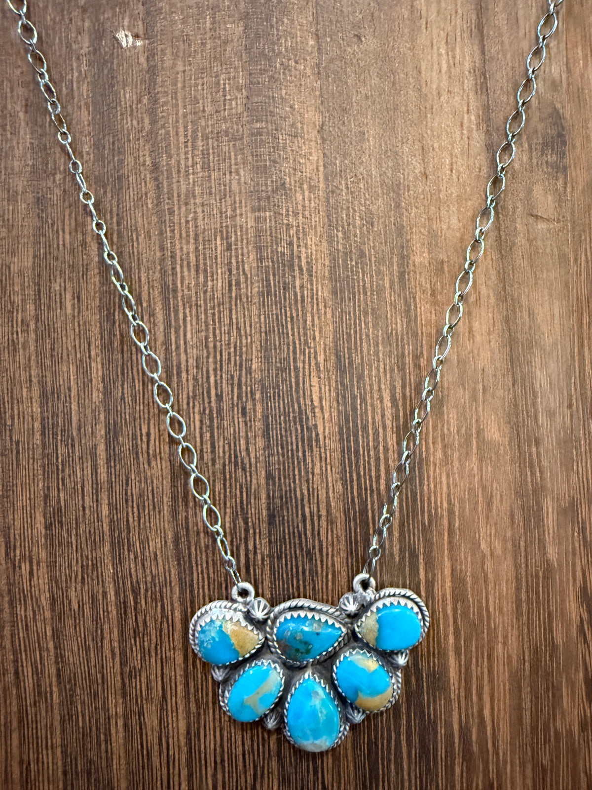 Kingman Turquoise Gemstone Half Cluster 20 Inch Necklace In Sterling Silver