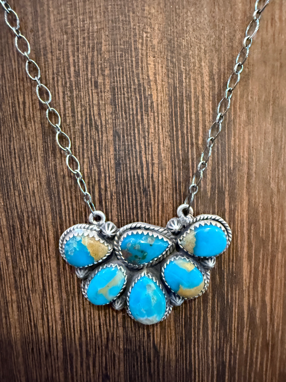 Kingman Turquoise Gemstone Half Cluster 20 Inch Necklace In Sterling Silver