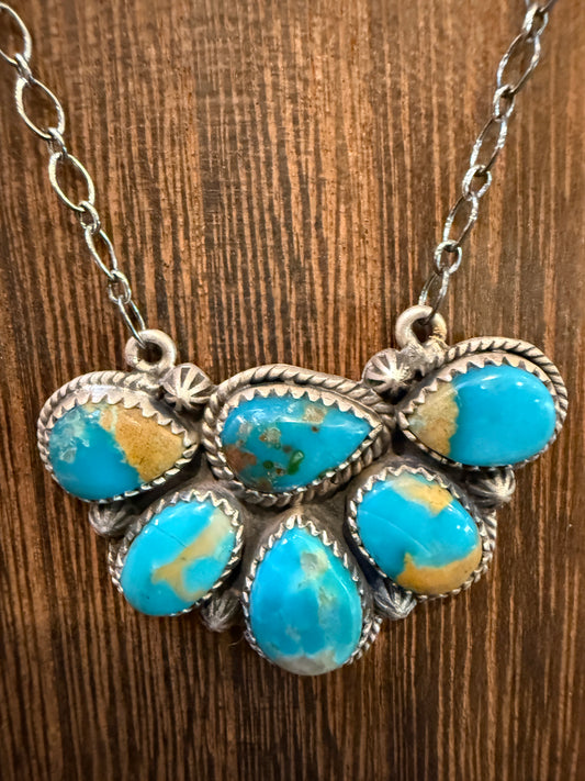 Kingman Turquoise Gemstone Half Cluster 20 Inch Necklace In Sterling Silver