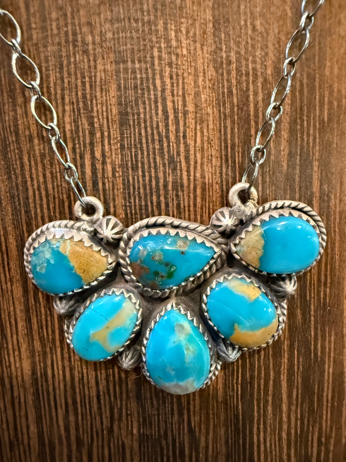 Kingman Turquoise Gemstone Half Cluster 20 Inch Necklace In Sterling Silver