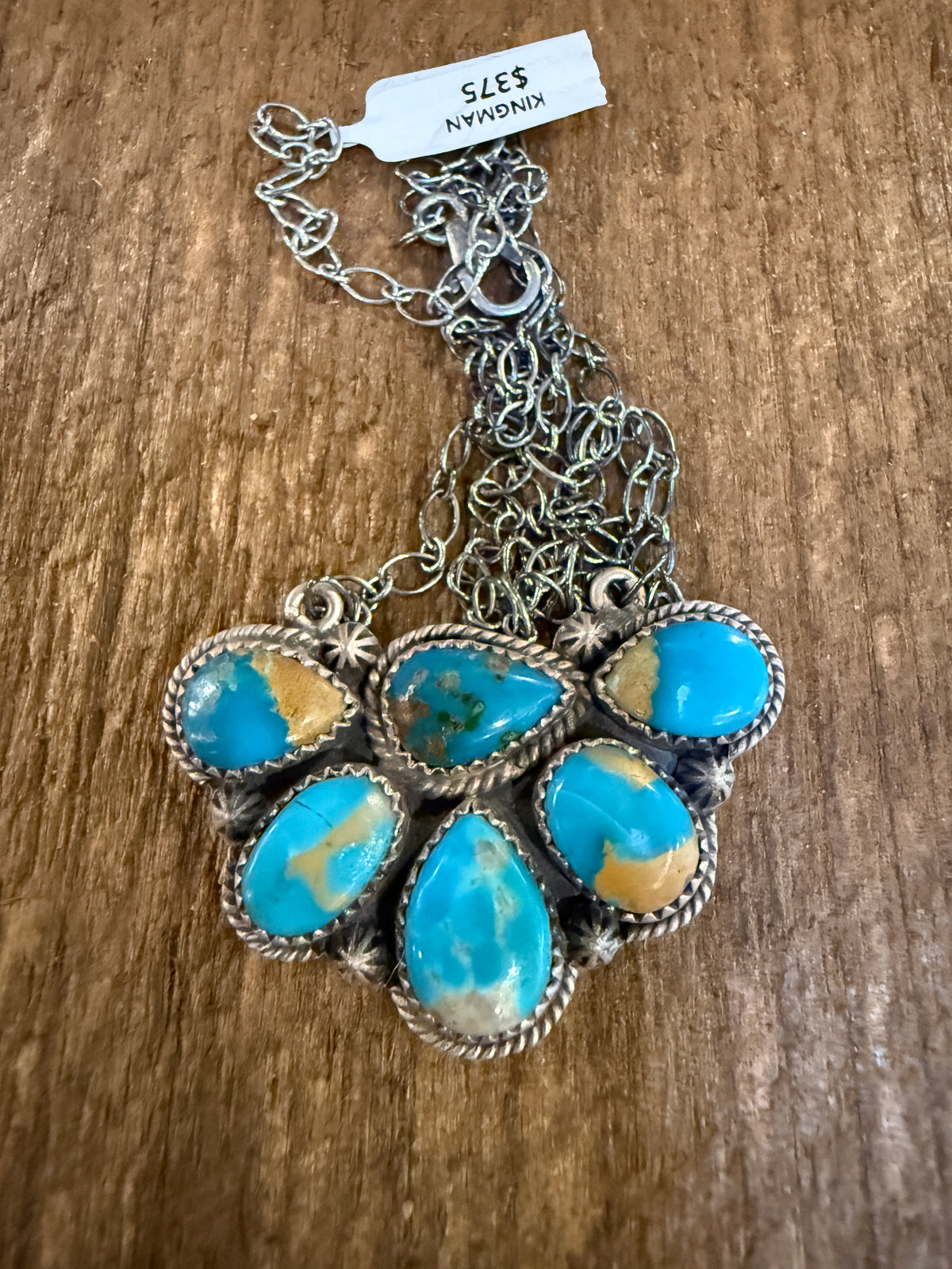 Kingman Turquoise Gemstone Half Cluster 20 Inch Necklace In Sterling Silver