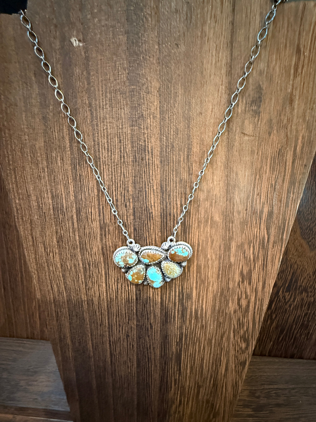 Number 8 Mine Turquoise Gemstone 20 Inch Chain Half Cluster Pendant Necklace in Sterling Silver