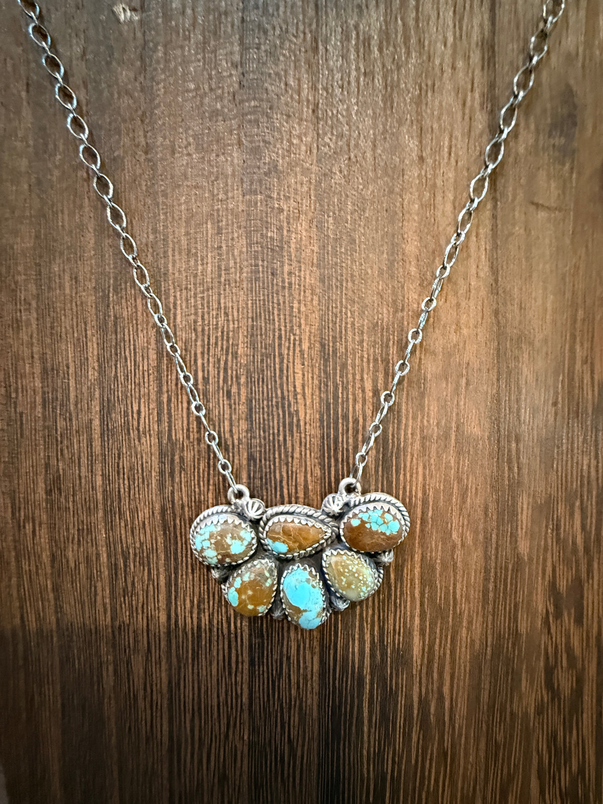 Number 8 Mine Turquoise Gemstone 20 Inch Chain Half Cluster Pendant Necklace in Sterling Silver