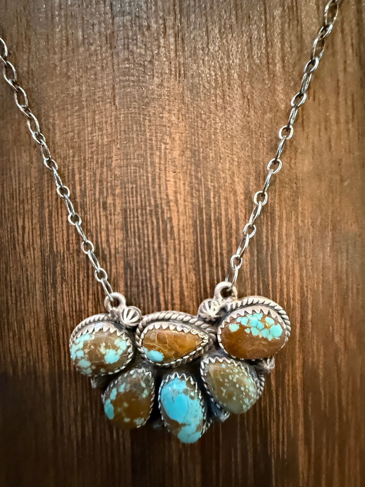 Number 8 Mine Turquoise Gemstone 20 Inch Chain Half Cluster Pendant Necklace in Sterling Silver