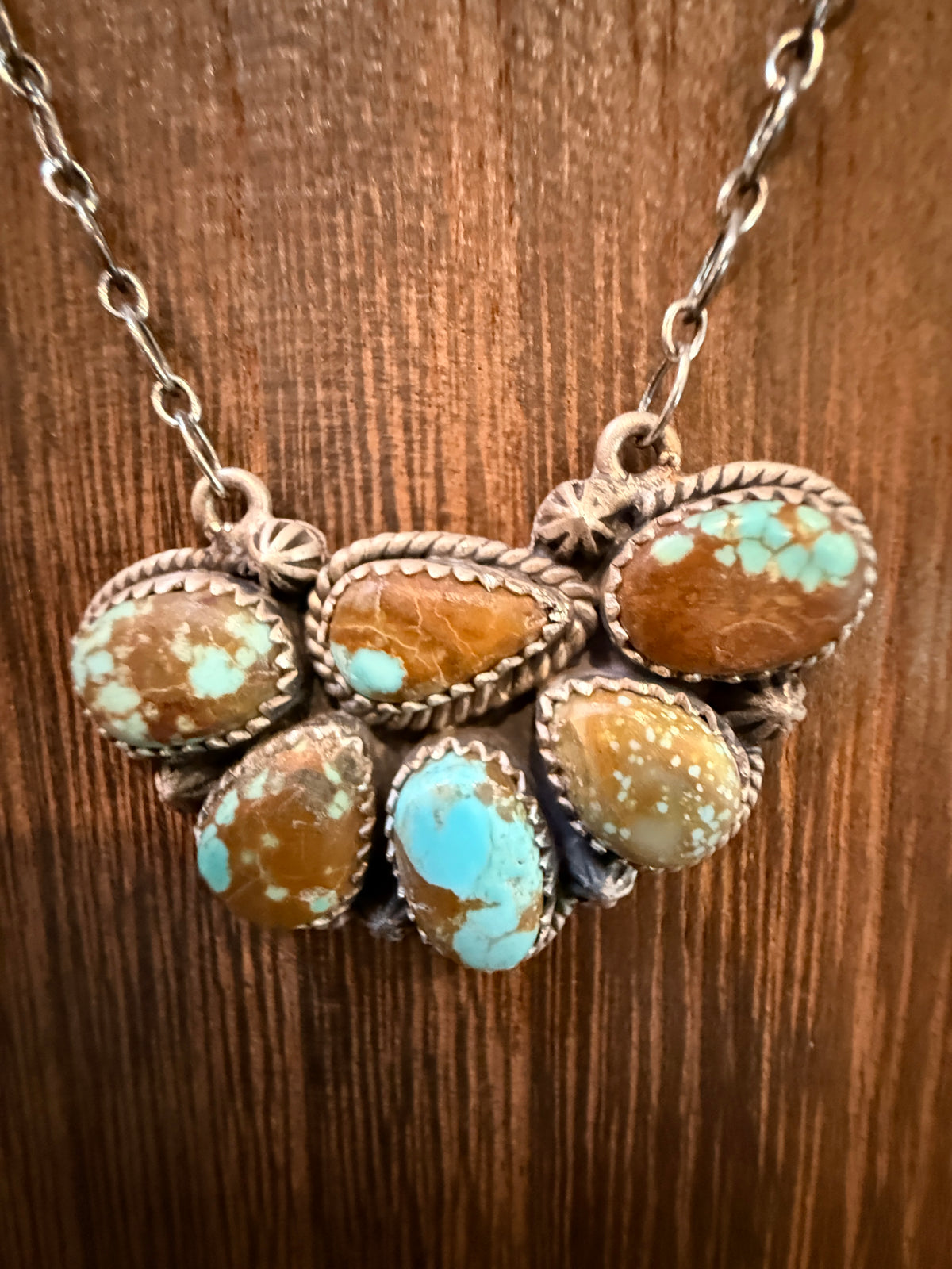 Number 8 Mine Turquoise Gemstone 20 Inch Chain Half Cluster Pendant Necklace in Sterling Silver