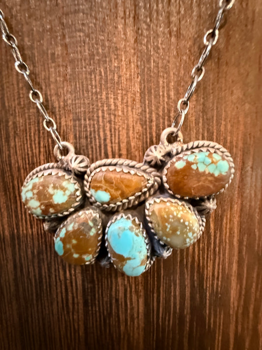 Number 8 Mine Turquoise Gemstone 20 Inch Chain Half Cluster Pendant Necklace in Sterling Silver